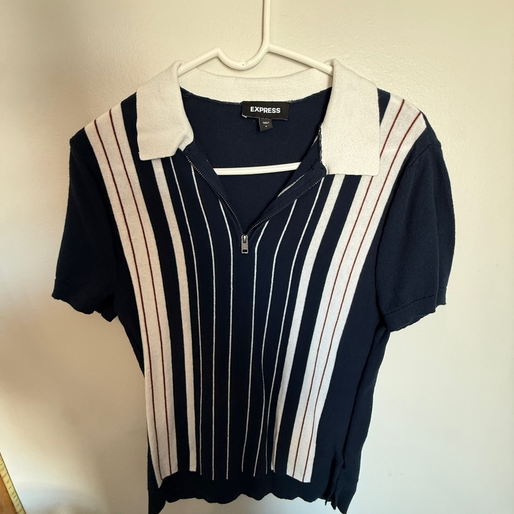 Express Navy and White Striped Zip Polo